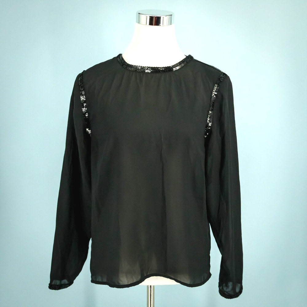 Oscar de la Renta Size 12 Black Sequin Detail Open Cut Out Back Long Sleeve Top